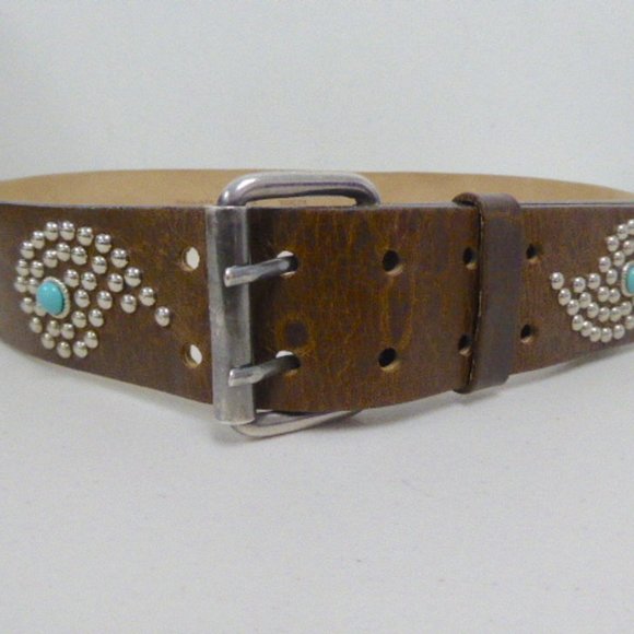 Streets Ahead leather belt brown studded turquoise paisley silver buckle L USA main image 9